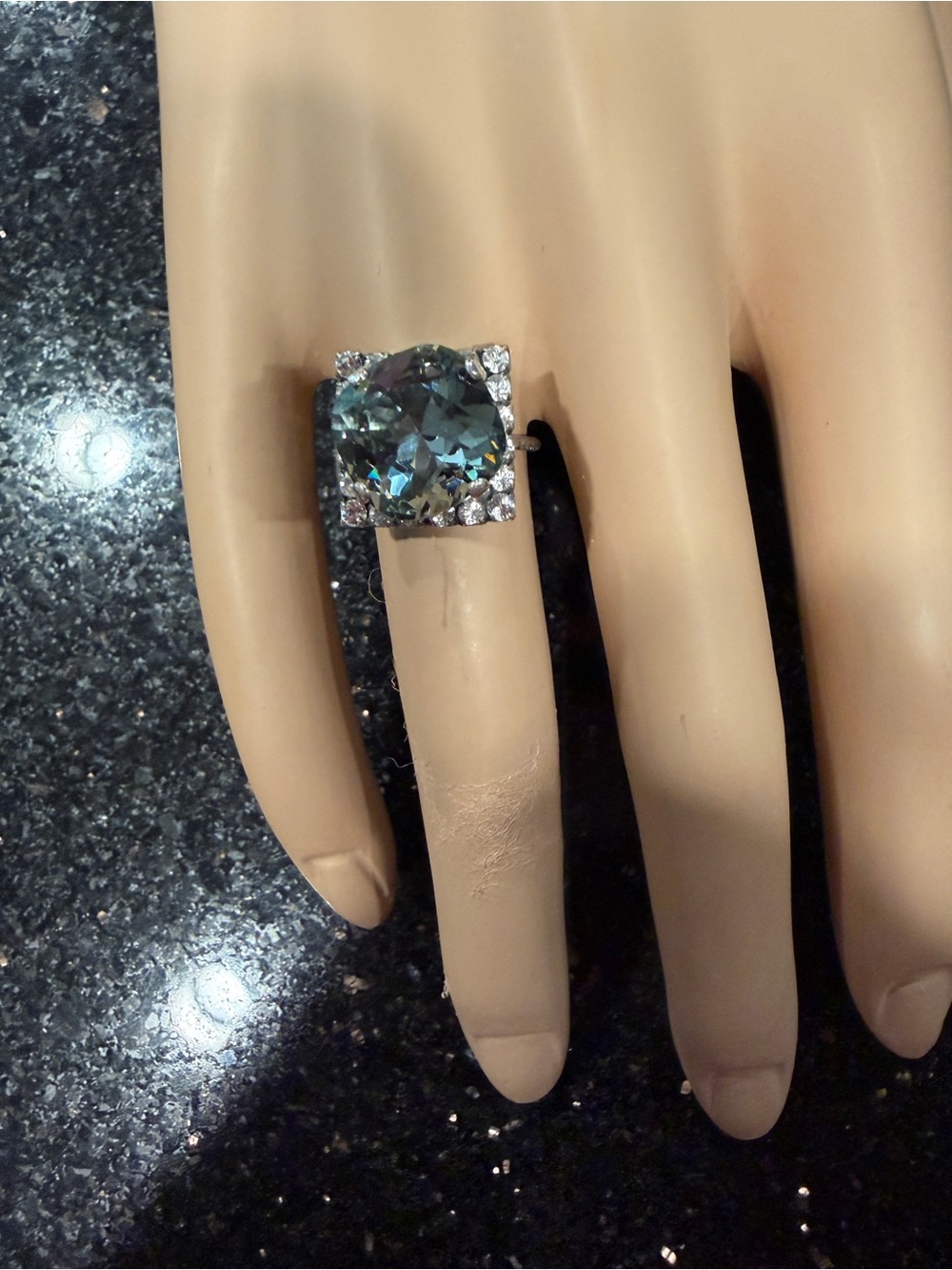 Crystal Square Halo Cocktail Ring - Silver Tone - Swarovski Center Stone - Picture 5 of 6